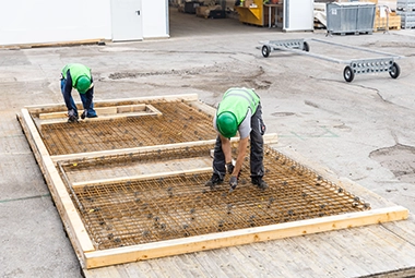 Two construction workers tying in the reinforcing cages on the rebar preparation tables for precast concrete
