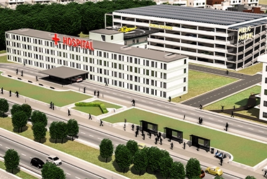 3D rendering of a hospital illustrates the benefit of building infrastructure projects with the N3P portable precast plant