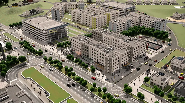 3D rendering of several residential buildings, which the N3P portable precast plant can be used for