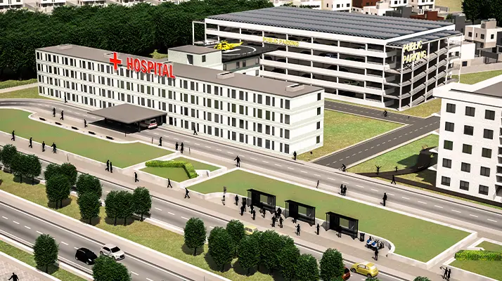 3D rendering of a hospital, which the N3P portable precast plant can be used for