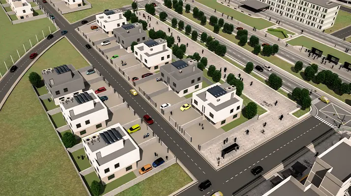 3D rendering of several residential buildings, which the N3P portable precast plant can be used for