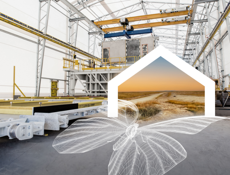 Neulandt N3P Fertigungstechnologie in einer Illustration eines Gebäudes integriert mit einer Zeichnung eines Schmetterlings in einer Wüstenlandschaft dargestellt