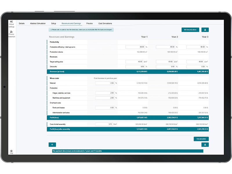 Precast plant service calculation software NEULANDTcalc is illustrating a chart of revenues and earnings on an iPad