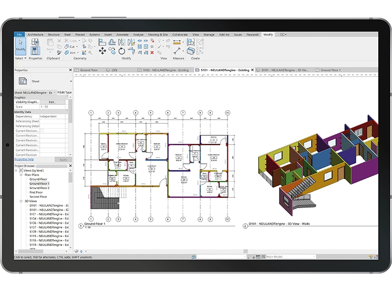 Precast plant service optimisation software NEULANDTengine is illustrating a floor plan and 3D model of a single floor on an iPad