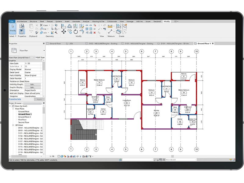 Precast plant service optimisation software NEULANDTengine is illustrating a floor plan of a single floor on a iPad